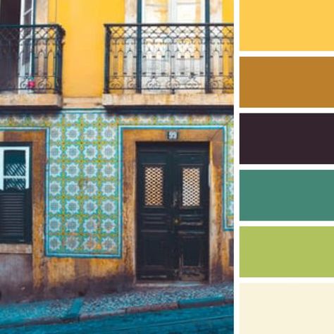 Street picture with a color palette. Lisbon Color Palette, Yellow And Blue Color Palette, Oc Creation, Diego Garcia, Portugal Lisbon, Blue Color Palette, Blue Colour Palette, Lisbon Portugal, Yellow And Blue