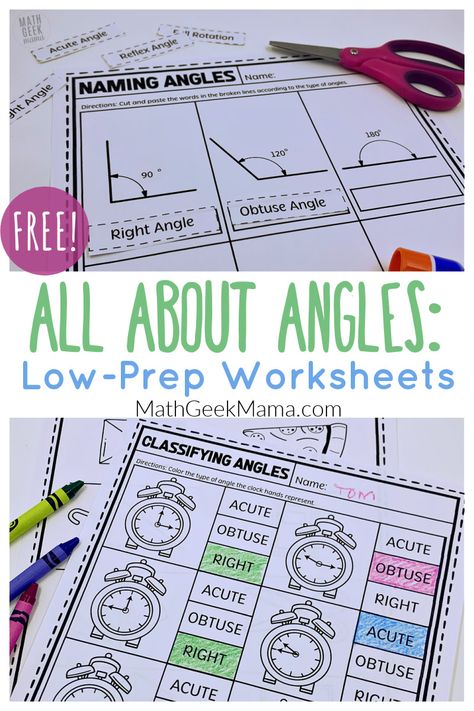 Review angles vocabulary, classifying angles, measuring angles and explore angles in real life with this FREE and low-prep set of 8 angles worksheets! Answer key included! Click through to the website to learn more. Measuring Angles Activities, Measuring Angles Worksheet, Measure Angles, Easy Math Games, Math Art Projects, Angles Math, Math Card Games, Angles Worksheet, Types Of Angles