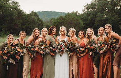 Boho Barn Wedding with Rust, Sage, and Vintage Colors against the Greens of Summer — The Barn at Sparrow Creek Ranch Sage And Cinnamon Wedding, Sage And Copper Wedding, Orange Bridesmaid Dresses Mismatched, Rust And Sage Green Wedding, Boho Barn Wedding, Orange Bridesmaid Dresses, Mismatched Bridesmaid Dresses, Sage Green Wedding, Green Bridesmaid