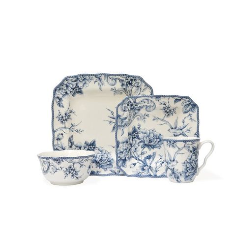 222 Fifth Adelaide 16 Piece Dinnerware Set, Service for 4 & Reviews | Wayfair 222 Fifth Dinnerware, Floral Dinnerware, Blue And White Dinnerware, White Dinnerware Set, Vase Deco, Square Dinnerware Set, Toile Pattern, Blue Dinnerware, Casual Dinnerware