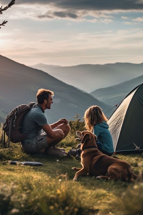 Camping Aesthetic Hikes With Dogs, Travelling With Dog, Couple Hiking With Dog, Travel With Pets, Family Dog Aesthetic, Premade Camping Meals, Packing For Camping, Ultralight Hiking Gear, Trailer Cabin