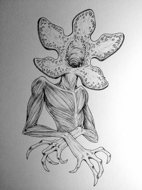 Demogorgon Drawing, Drawing Stranger Things, Stranger Things Demogorgon, Demogorgon Stranger Things, Monster Sketch, Scary Drawings, Horror Drawing, Creepy Drawings, Day 1