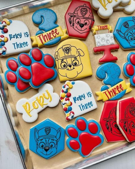 paw patrol cookies • Instagram Simple Paw Patrol Cookies, Paw Patrol Decorated Cookies, Paw Patrol Cookies Decorated, Paw Patrol Sugar Cookies, Paw Patrol Cookies, Paw Patrol Cupcakes, Psi Patrol, Second Birthday Ideas, Paw Patrol Birthday Party