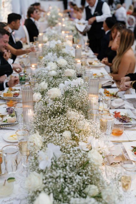 Our heads were in the clouds over this lush and elegant wedding reception floral table runner created for this sweet Colorado couple. Using all white blooms of garden roses, orchids & baby's breath as the base, this dreamy head tablescape was the star of the show after the ceremony at The Little Nell in Aspen. Photography by Abby Jiu Photography | Florals by Lusha Events | Venue at The Little Nell in Aspen | Planning by Table 6 Productions Table Runner Flowers Wedding, Wedding Flowers Table Runner, Lush Wedding Decor, Babys Breath Table Scape, Runner Centerpieces Wedding, White Floral Table Runner, Aspen Photography, Long Wedding Table Decorations, Jojo Wedding