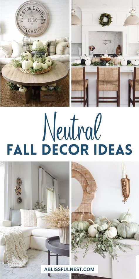 Embrace the cozy elegance of fall with neutral decor that blends seamlessly with your space. Think soft beiges, warm taupes, and gentle grays to create a soothing autumn ambiance. Add touches of natural textures and simple accents like woven baskets and muted candles to keep things stylish and serene. #neutralfalldecor #homedecor #falldecorinspiration Neutral Pumpkin Decor, Neutral Fall Decor Living Rooms, White Fall Decor Ideas, White Fall Decor, Neutral Fall Decor Ideas, Autumn Ambiance, Outdoor Interior Design, Earthy Greens, White Autumn