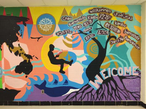 Welcome To Our School, Collaborative Mural, Tree Town, Mural Art Design, Selfie Wall, School Murals, Anniversary Art, Jr Art, Eighth Grade