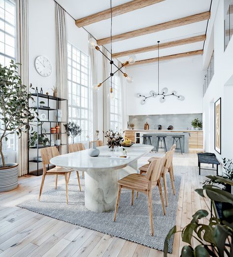 High Ceiling Apartment, Scandi Interior, High Ceiling Lighting, High Ceiling Living Room, Holly House, Japandi Interior, Loft Interiors, Ceiling Ideas, Loft Design