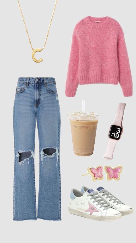 Pink H&M knit wool sweater, Bershka ripped jeans, gold Kendra Scott Letter Pendant Necklace, Golden Goose Superstar Mytheresa sneakers, gold Kendra Scott Lillia Butterfly Stud Earrings, fall fits, fall outfits aesthetic, outfit inspo, first day of school outfit, outfit ideas, fashion outfits, fall outfits women, business casual outfits, casual outfits, fall fashion 2023, casual fall outfits, trendy fall outfits, fall fashion 2023 trends, 2023 fall fashion trends Get Ready For Fall, Cute Modest Outfits, Casual Preppy Outfits, Trendy Outfits For Teens, Ready For Fall, Cute Preppy Outfits, School Looks, Fall Back, Easy Trendy Outfits