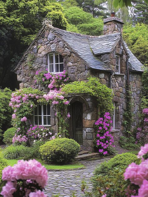 This picturesque stone cottage is adorned with vibrant pink flowers and lush greenery. Nestled among trees, the quaint structure features a slate roof and multiple windows that add to its charm. The cobblestone path leading to the entrance invites a sense of tranquility and charm, perfectly complementing the serene garden setting..  #stone cottage, #garden, #flowers, #quaint homes, #landscape, #outdoor beauty Stone Cottage House Plans, Quaint Homes, English Cottage Exterior, Cottage Garden Flowers, Cobblestone Path, British Cottage, Brick Cottage, Garden Layouts, Landscape Outdoor