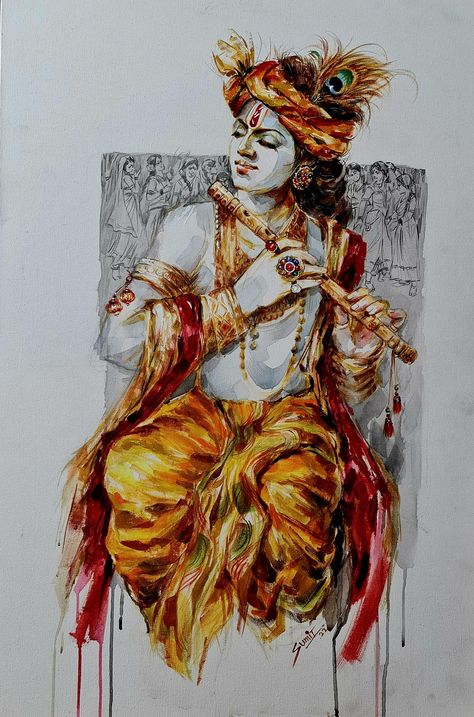 Sumitra Ahlawat - Sumitra Ahlawat added a new photo. Krishna Drawing Watercolour, Unique Art Ideas, God Drawing, Art Competition Ideas, Glasses Inspiration, Modern Art Canvas Painting, Human Figure Sketches, Painting Skills, Buddha Art Painting