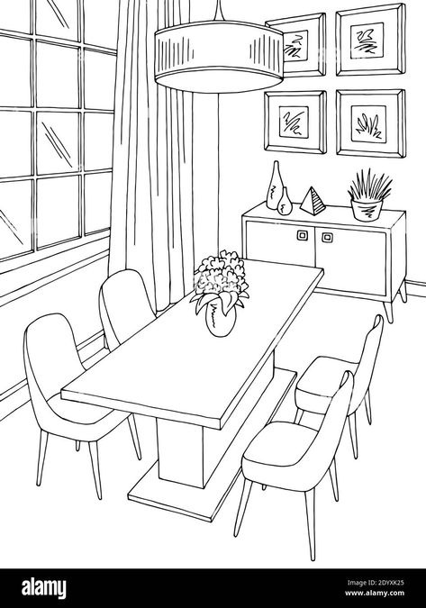 Dining Room Sketch, Dining Room Drawing, Room Sketch, Black And White Dining Room, Drawing Home, Interior Design Dining, Furniture Sketch, Drawing Interior, Space Drawings