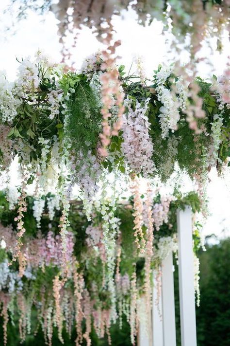 Spring Inspired Wedding Decor, Hanging Florals Wedding Tent, Hanging Wisteria Wedding Tent, Floral Tent Decorations, Flower Canopy Wedding, Draping Flowers Wedding, Dangling Flowers Wedding, Wedding Reception Flowers Hanging, Hanging Flowers Wedding Decor