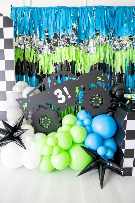 Monster Splash Birthday Bash, Monster Truck Cardboard Cutout, Monster Truck Birthday Backdrop, Hotwheels Monster Truck Birthday Party, Monster Truck Baby Shower Theme, Monster Truck Photo Shoot, Monster Truck Birthday Decorations, 3rd Birthday Monster Truck Theme, Monster Truck Balloon Garland