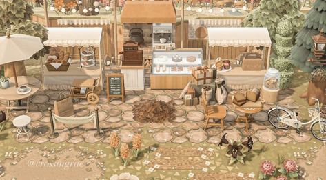 Acnh Cottagecore Areas, Acnh Coffee Shop Ideas, Animal Crossing Coffee Shop Design, Animal Crossing Coffee Stall, Acnh Bakery Stall, Shop Ideas Acnh, Acnh Flea Market Ideas, Acnh Coffee Shop Designs, Acnh Bakery Ideas