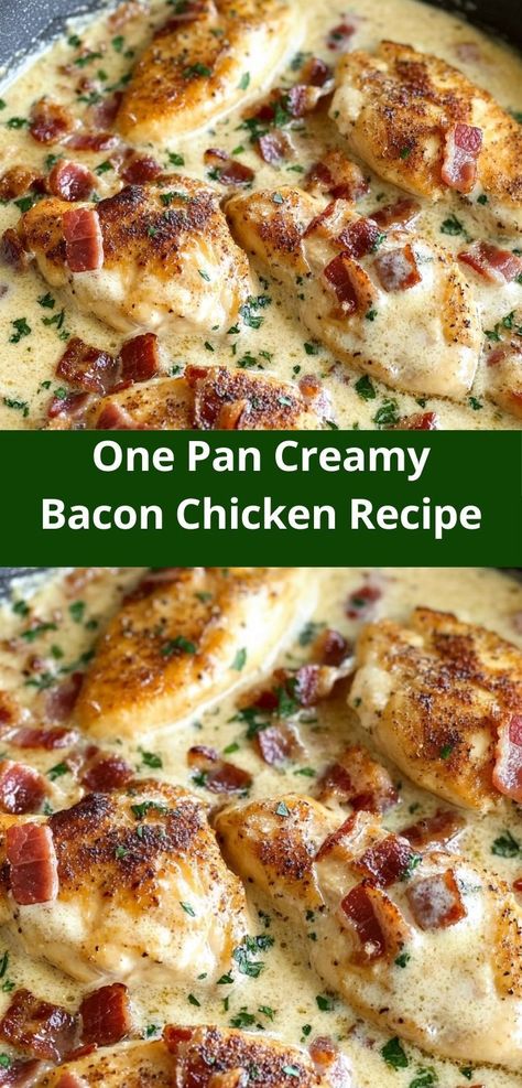 Need chicken breast recipes with a twist? This One Pan Creamy Bacon Chicken Recipe is delicious! Ideal for chicken recipes dinner ideas, chicken recipes healthy, and quick chicken meals. Creamy Bacon Chicken, Chicken Bacon Recipes, Chicken Breast With Bacon, Bacon Sauce, Chicken Crispy, Bacon Chicken, Quick Chicken Recipes, Chicken Meals, Quick Chicken