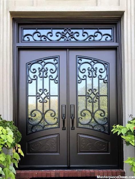 Composite Iron Front Door featuring a Dark Double Rectangular Composite Wood Door with Transom Monumental Glass and Emtek Locksets Double Front Entry Doors, Wrought Iron Front Door, Double Doors Exterior, Iron Front Door, Iron Entry Doors, Metal Doors Design, Iron Door Design, Double Front Doors, Window Grill Design