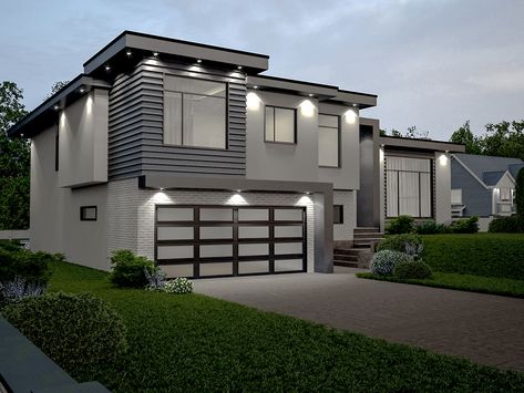 Rendered Houses, Contemporary Garage, Modern Driveway, Garage Door Styles, Modern Exterior Doors, Glass Garage Door, Garage Door Design, Contemporary Exterior, Pintura Exterior