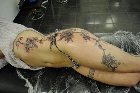 Flower Power Tattoo, Rose Vine Tattoos, Side Tattoos Women, Hip Thigh Tattoos, Power Tattoo, Tattoo Pictures, Hip Tattoos Women, Tattooed Women, Vine Tattoos