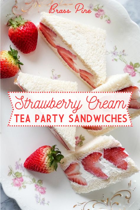 These Strawberry Cream Sandwiches are a delicious treat and a must-have snack for your spring Tea Party, Bridal Shower, or Mother’s Day Brunch. Loaded with thick sweet creamy filling and fresh strawberries you can’t go wrong with these delightful sandwiches. Strawberry Tea Sandwiches Recipe, Diy Tea Sandwiches, Easy Tea Party Food Finger Sandwiches, English Tea Party Sandwiches, Mother’s Day Snack, Asian Tea Party Food, Snacks For Tea Party, Tea Party Must Haves, Tea Party Baked Goods