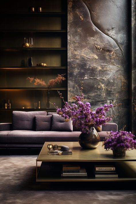 Apartment Home Interior with a Touch of Brutalism – Purple Rustic Style Living Room, Purple Interior Design, House Styling Interior, Modern Apartment Interior, Modern Contemporary House Plans, Japandi Living Room, Zen Interiors, Lake House Interior, Salon Suites Decor