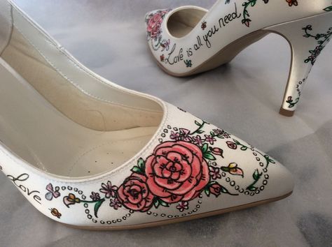 Hand painted shoes by Linda Johnson at Beretun Designs Brighton, all you need is love design Heels Flower, Shoe Makeover, Sparkly Shoes, Flower Shoes, Floral Heels, Hand Painted Shoes, Painted Flower, Shoe Design, Womens Wedding Shoes