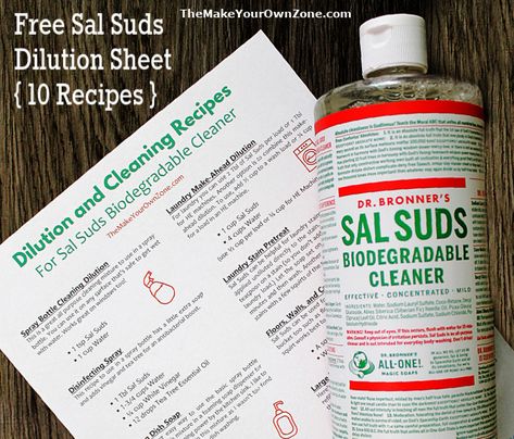 Sal Suds Dilution Sheet & Cleaning Recipes - The Make Your Own Zone Diy Sal Suds Recipe, Dr Bronners Sal Suds Recipes, Sal Suds All Purpose Cleaner, Sal Suds Uses, Sals Suds Laundry Detergent, Sals Suds Recipes, Sal Suds Laundry Detergent, Sal Suds Dishwasher Detergent, Sal Suds Recipes