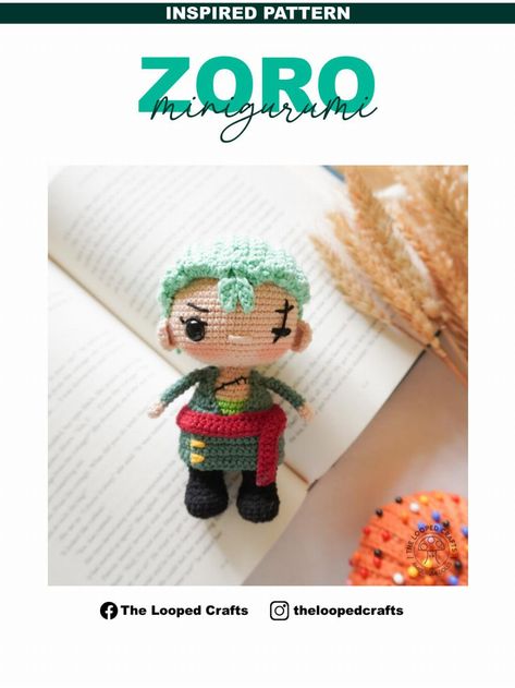 INSPIRED PATTERN ZORO minigurumi Crochet Zoro One Piece, One Piece Amigurumi, Crochet Pencil Case, Doll Amigurumi Free Pattern, Knitting Crafts, Crochet Cat Pattern, Quick Crochet Patterns, Pola Amigurumi, Crochet Amigurumi Free Patterns