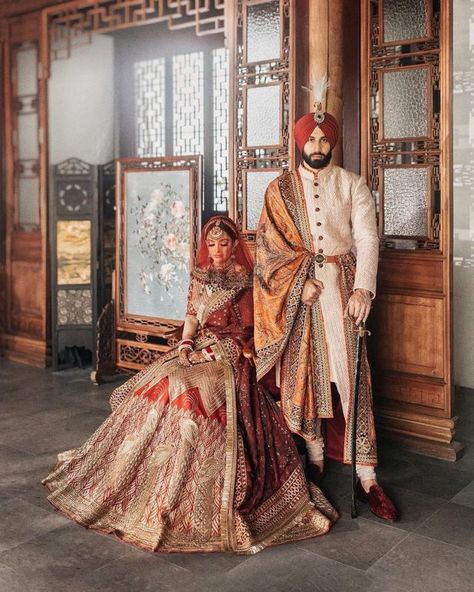 Photo Shoot Themes, Bride And Groom Attire, Red Saree Wedding, India Fashion Men, Indian Wedding Clothes For Men, Jj Valaya, Beautiful Lehenga, Old Architecture, Anand Karaj