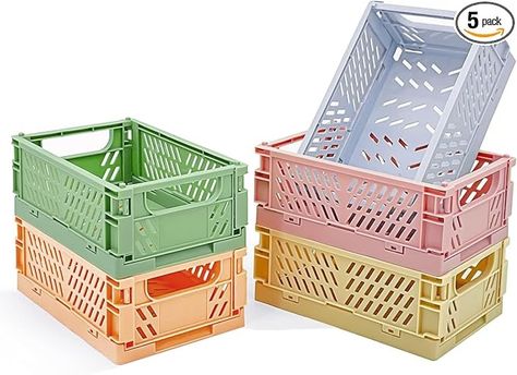 Amazon.com: 5-Pack Pastel Crates for Desk Organizers, Mini Plastic Baskets for Office Organization, Aesthetic Crate Stacking Folding Storage Baskets for Home Kitchen Bedroom Decor (5.9 "x 3.8"x 2.2"） : Office Products Aesthetic Crate Storage, Pastel Crates Aesthetic, Folding Crates Storage, White Storage Crates, Pastel Storage Crates, Storage Bins Organization, Baskets For Shelves, Small Storage Basket, Collapsible Storage Bins