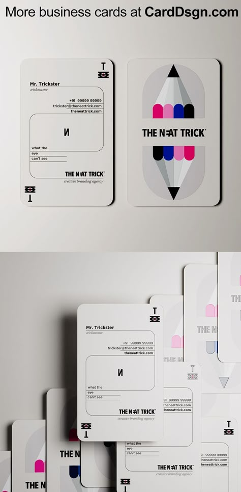 A unique business card design resembles a playing card, designed by Shubham Torani for The Neat Trick, a consulting and branding agency. Find out more at CardDsgn.com #businesscards #branding #identity #graphicdesign #brandinspiration #branddesign #namecards #typography #wordmark #businesscard #businesscarddesign Consulting Business Card, Business Card For Graphic Designer, Creative Agency Business Card, Unusual Business Card, Digital Business Card Design, Sewing Business Logo, Business Card Fonts, Agency Business Cards, Identity Card Design