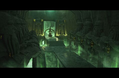 Underground Temple Concept Art, Temple Interior Concept Art, Inside Temple Concept Art, Cave Entrance Concept Art, Jungle Temple Concept Art, Interior Concept Art, Sea Dream, Temple Ruins, Interactive Art