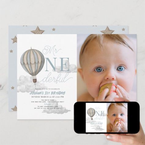 Mr. Onederful Hot Air Balloon 1st Birthday Photo Invitation | Zazzle Hot Air Balloon 1st Birthday, Mr Onederful, Baby Blue Background, 1st Birthday Photo, Photo Birthday Invitations, 1st Birthday Photos, Blue Boy, First Birthday Photos, Photo Invitations