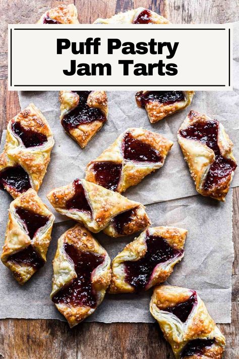 These Puff Pastry Jam Tarts are an incredibly easy dessert recipe made with just 4 ingredients. They’re so simply made and are baked until golden and crispy with flaky layers. Great for an easy dessert to serve a crowd (such as on the holidays) or as a small breakfast treat. Puff Pastry Jam, Jam Tarts Recipe, Super Easy Dessert, Puff Pastry Recipes Dessert, Cravings Recipes, Small Breakfast, Pastry Ideas, Pepperidge Farm Puff Pastry, Super Easy Desserts