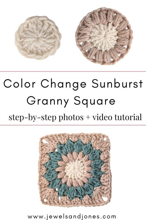 A granny square with 3 different colors. Sunburst Granny Square Cardigan, Sunburst Granny Square Pattern Free, 2 Color Granny Square Crochet, Sun Burst Granny Square, Crochet Granny Square Video, Granny Square Video, Granny Square Pattern Free, Sunburst Granny Square, Granny Square Tutorial