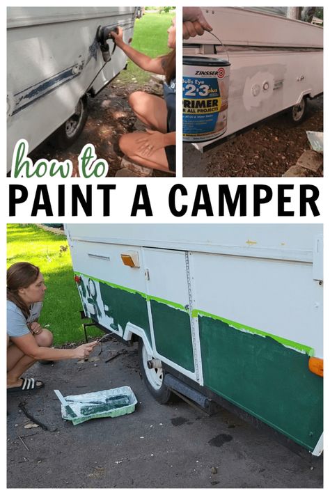 EVERYTHING you need to know if you're painting your camper! How to remove OR paint over decals, best type of paint to use on campers, how to prep before painting AND how to paint clean lines and stencils. It's amazing what paint can do to make something look new again! Diy Camper Exterior Paint, Painting Outside Of Pop Up Camper, Painting The Outside Of An Rv, Camper Makeover Outside, How To Paint Outside Of Camper, How To Paint A Camper, Diy Camper Painting Exterior, Painting A Camper Exterior Glamping, How To Paint Rv Exterior