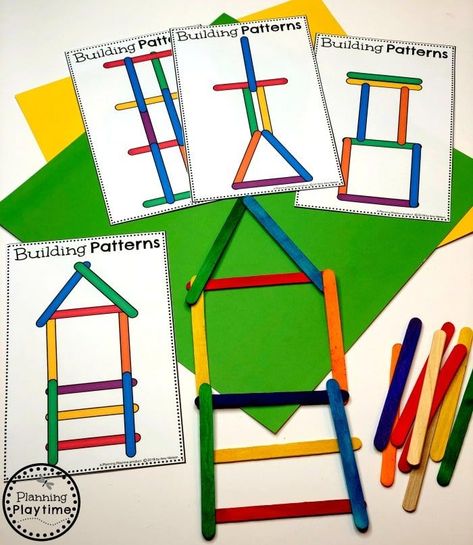 Preschool Patterns Activity - Building Patterns Construction Theme #patterns #constructiontheme #preschool #preschoolworksheets #planningplaytime Construction Games Preschool, Popsicle Stick Construction, Block Area Activities For Preschoolers, Preschool Building Center, The House That Jack Built Preschool Activities, Bristle Block Activities, Popsicle Sticks Activities Preschool, Community Helpers Preschool Construction Worker, Building Ideas For Preschoolers