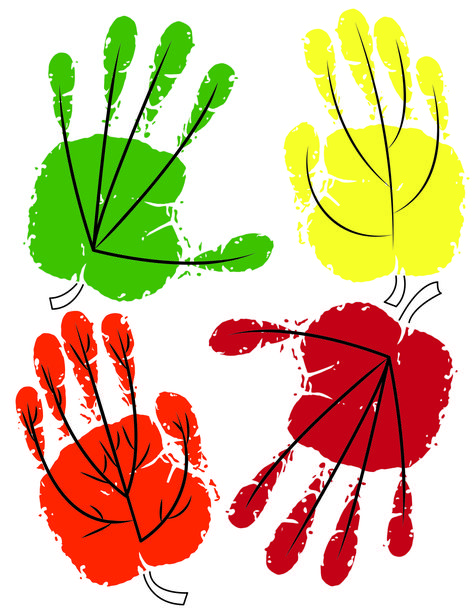 Leaves Art Preschool, Hand Print Leaves, Fall Leaves Art Projects For Kids, Leaf Handprint Art, Leaves Arts And Crafts For Kids, Handprint Leaf, Handprint Leaves, Thematic Art, Leaf Lesson Plans