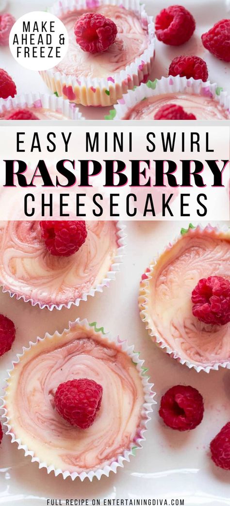 Easy Raspberry Swirl Mini Cheesecakes | Party Desserts Small Raspberry Cheesecake, Raspberry Cheesecake Cupcakes, Mini Cheesecakes Recipe, Cheesecake Cupcakes Recipe, Raspberry Swirl Cheesecake, Vanilla Wafer Crust, Mini Cheesecake Recipes, Jello Shot, Gluten Free Cheesecake