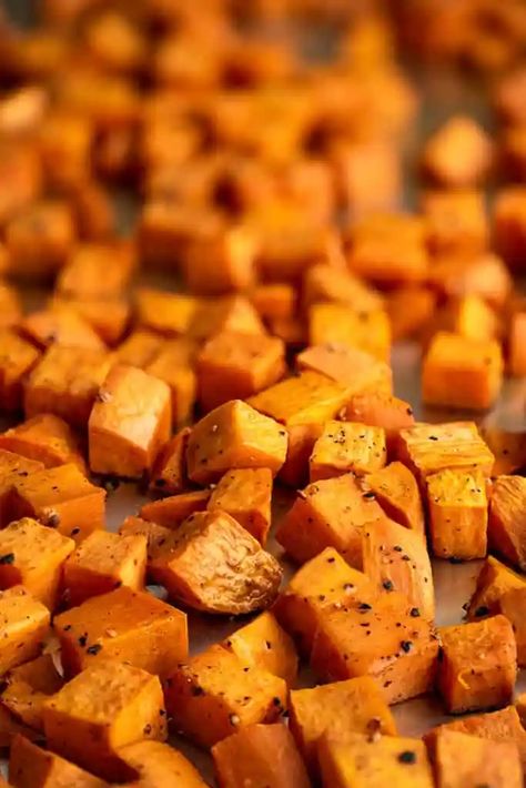 Roasted Sweet Potatoes - Baking Mischief Roasted Sweet Potato Cubes, Vegetarian Wraps, Sweet Potato Recipes Roasted, Oven Roasted Sweet Potatoes, Sweet Potato Recipes Healthy, Autumn Side Dishes, Stuffed Sweet Potato Healthy, Chili Recipe Easy, Baked Chicken Thighs