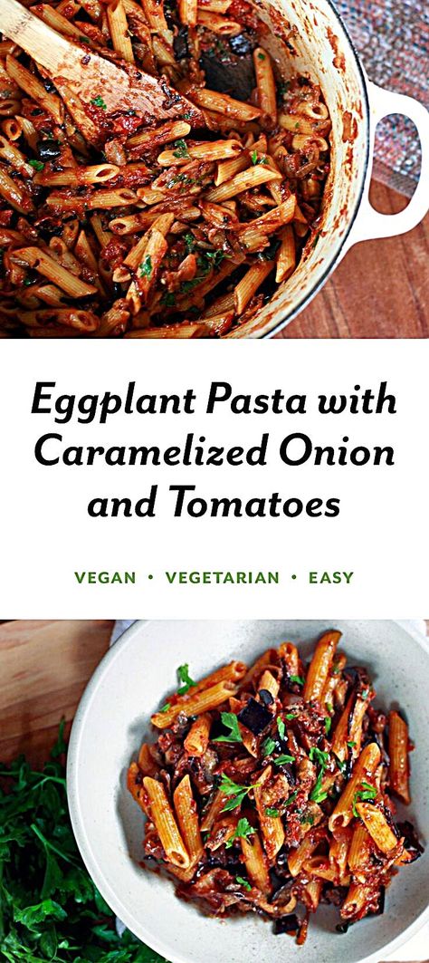 Adapted From: Chez Panisse Vegetables by Alice Waters Eggplant, Caramelized Onion and Tomato Pasta - Eggplant, Caramelized Onion and Tomato Pasta #RecipesFromALondonStudio #foodtalkindia #foodvsco #recipeinspo #foodoptimising #recipesforyou #food52grams #recipesbydolapogrey #recipesoftheday #foodieforlife #foodgood #recipeonblog #recipesfromthestudio #recipesforkids #foodpictures Eggplant Pasta, Makanan Italia, Tomato Pasta Recipe, Resep Pasta, Vegan Eggplant, Vegan Pasta Recipes, God Mad, Vegetarian Pasta, Caramelized Onion