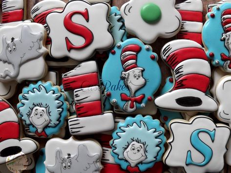 Cat in the Hat cookies | Cookie Connection Happy Birthday Dr, Dr Seuss Birthday Party, Hat Cookies, Cookie Connection, Seuss Party, Dr Seuss Birthday, Green Eggs And Ham, Diy Cookie, Pretty Cookies