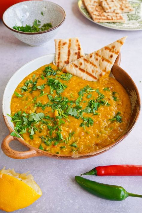 Simple Dal Tadka with Extra Garlic and Chilli - PEANUTSWIRLS Lentil Dal, Dal Recipe, Naan Bread, Vegan Soups, Red Lentil, Cooking Together, Garlic Butter, Ghee, Garam Masala