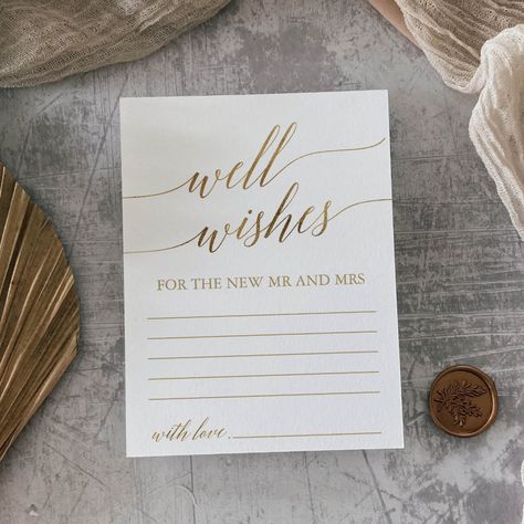 Elegant Gold Calligraphy Well Wishes Cards | #wishingwellcards #elegantadvicecards #fallweddingadvicecard #calligraphymarriageadvicecards #simpleweddingreceptionactivity #modernchicrehearsaldinnergames #neutralweddingactivities #typographybrideandgroomadvice #goldfoilbridalshowergame #romanticminimalistk023 Rehearsal Dinner Games, Simple Wedding Reception, Marriage Advice Cards, Wedding Reception Activities, Reception Activities, Dinner Games, Wedding Advice Cards, Gold Calligraphy, Foil Wedding Invitations