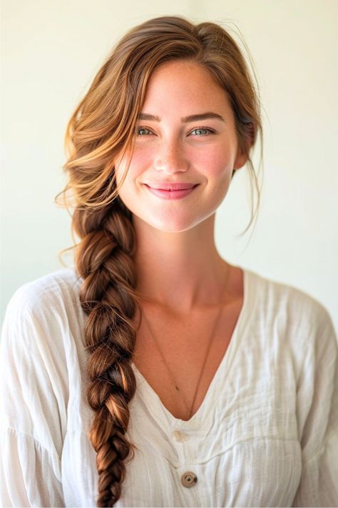 Long Face Wedding Hairstyles, Thick Side Braid, Thick Loose Braid, Pretty Hairstyles For Long Thick Hair, Side Braid Reference, Loose Hair With Braid, Side Swept Braided Hairstyles, Over Shoulder Braid, Long Thick Braid