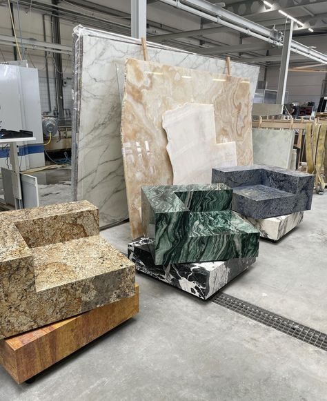 Atelier Furniture, Marble Showroom, Marble Factory, Marble Stand, Stone Furniture, Statement Furniture Pieces, Types Of Architecture, Marble Furniture, Stone Table