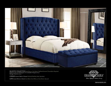 Majestic Collection Royal Navy Winged Bed, Blue Bed, Bespoke Beds, Wingback Bed, Tufted Bed, Wingback Headboard, Unique Flooring, Velvet Bed, Padded Headboard