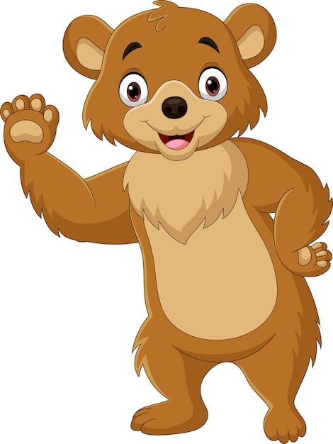 Funny Bear Drawing, Bear Cartoon Images, Bear Animation, Bear Waving, Hello Cartoon, Bear Animated, Beer Cartoon, Waving Hand, Premium Vector Cartoon