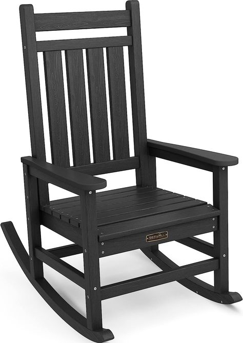 SERWALL Oversized Rocking Chair, Outdoor Rocking Chair for Adults, All Weather Resistant Porch Rocker for Lawn Garden, Black Front Porch Rocking Chairs, Rocking Chair Outdoor, Adirondack Rocking Chair, Outdoor Rocking Chair, Rocking Chair Porch, Porch Rocker, Rocking Chair Cushions, Folding Adirondack Chairs, Patio Rocking Chairs