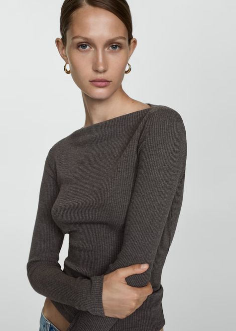 Women’s t-shirts 2024 | MANGO India Dramatic Classic Sweaters, Thrift Wishlist, Boat Neck Long Sleeve, Dramatic Classic, Dark Winter, Classic Sweater, Winter Tops, Feminine Outfit, Knitted Tshirt