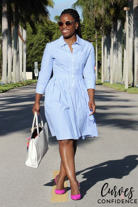 striped shirt dress, how to wear a shirt dress, pleated shirt dress, curvy style blogger, how to dress for work, outfits office managers wear, professional… Pink Pumps Outfit, How To Wear Shirt, Dress Curvy, Pumps Outfit, Curves And Confidence, Pleated Shirt Dress, Shirt Dress Outfit, Outfit Classy, Curvy Style